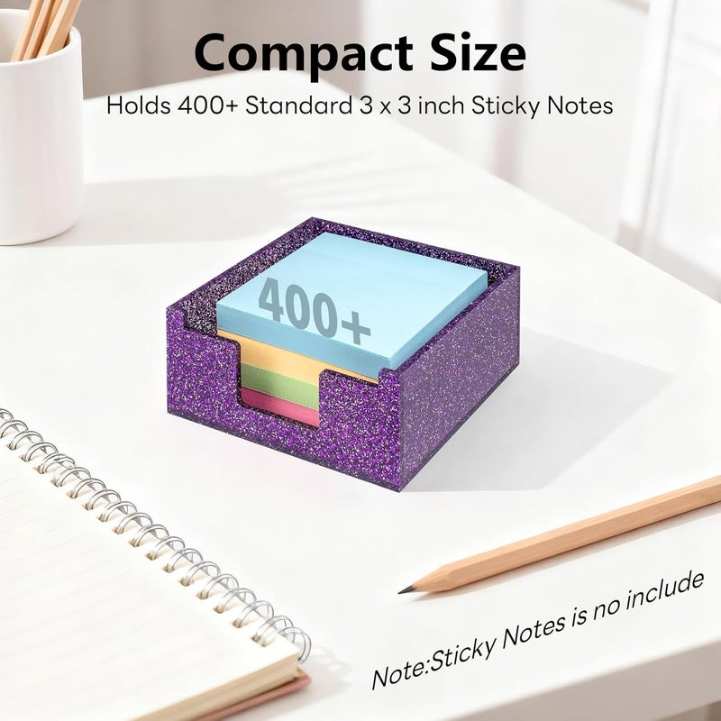 Luminzo Purple Sparkling Sticky Note Holder, Glitter Acrylic Organizer, 3.94 x 3.94 in Multi-Use Tray for Office, School & Home Desk - Image 3